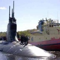 Military submarine and boat at New London Submarine Base