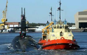 boat and submarine at kings bay submarine base