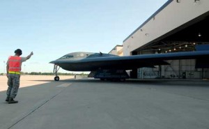 B2 bomber comes out of Whiteman AFB hangar